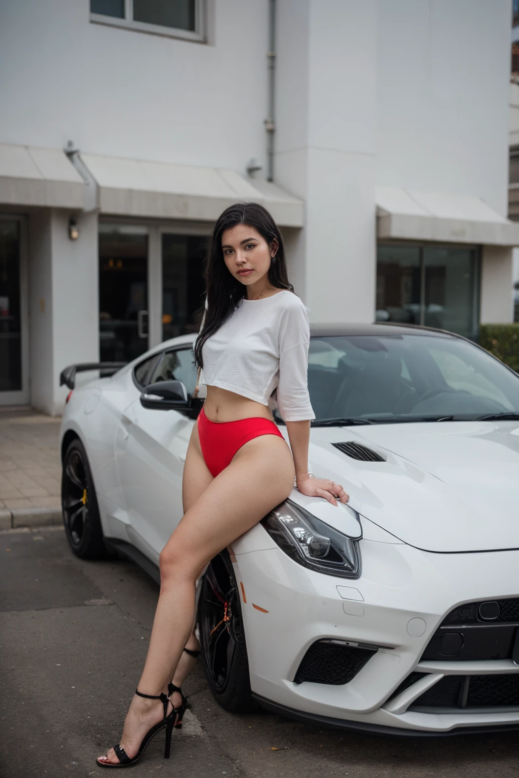 create a picture of a white girl with black hair standing in front of a ferari car