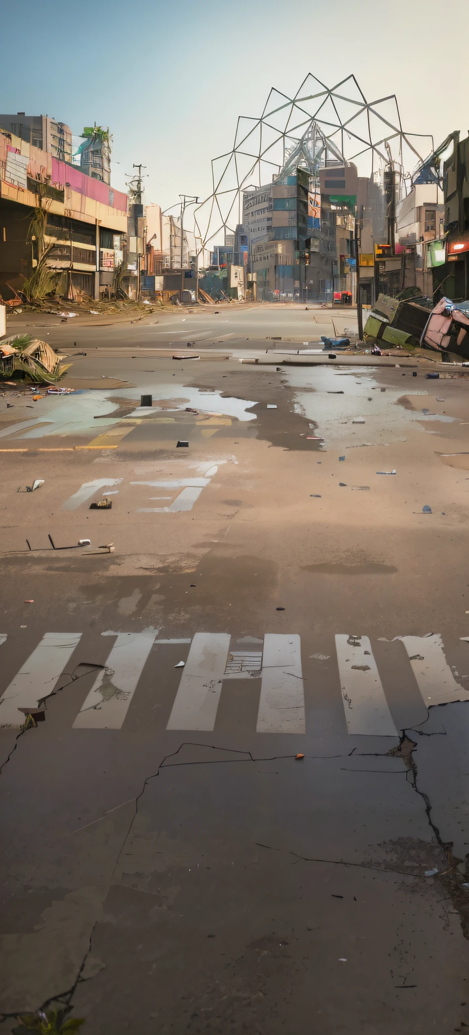 There  a photo of an abandoned street，There  a lot of sundries, damaged streets, dirty street background, Post-apocalyptic city streets, A post-apocalyptic street, Wet floor on the street, Stunning street scenes, Opening, outdoors ruined cityscape, Debris on the ground, Abandoned Shinjuku, collapsed floors, damaged city, , evacuate, Debris on the ground