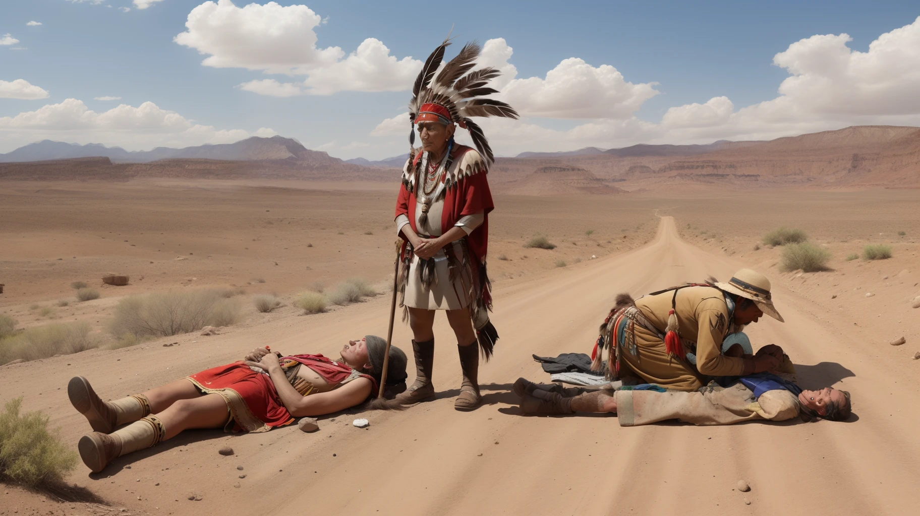In ancient times, the land was barren and barren, and the American Indian land was famine. People wearing American Indian costumes collapsed on the roadside from hunger. There were 10 people. There were children and the elderly. Photo effects. High-definition effects are real. --auto --s2