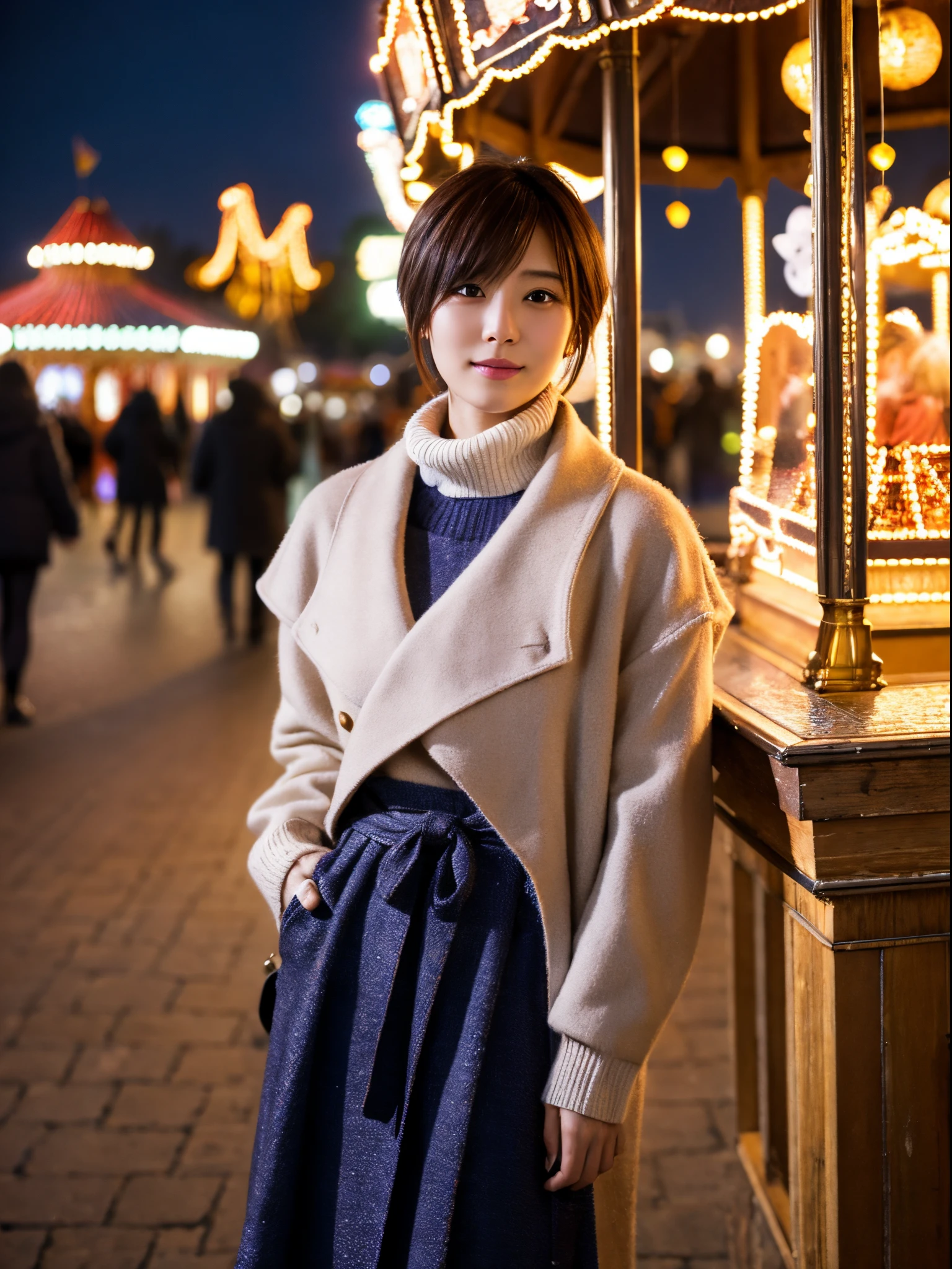high-level image quality、Photo Quality、A hyper-realistic、Japanese woman with berry short cut、hairstyle with shaved sides、she wears a long coat over the knit、I wear a long skirt, Wrap the muffler loosely around your neck.、woman holding out her hand towards me.、Night amusement park、The entire venue will be decorated with illuminations, A large number of light bulbs are reflected in the background and it is dazzling........