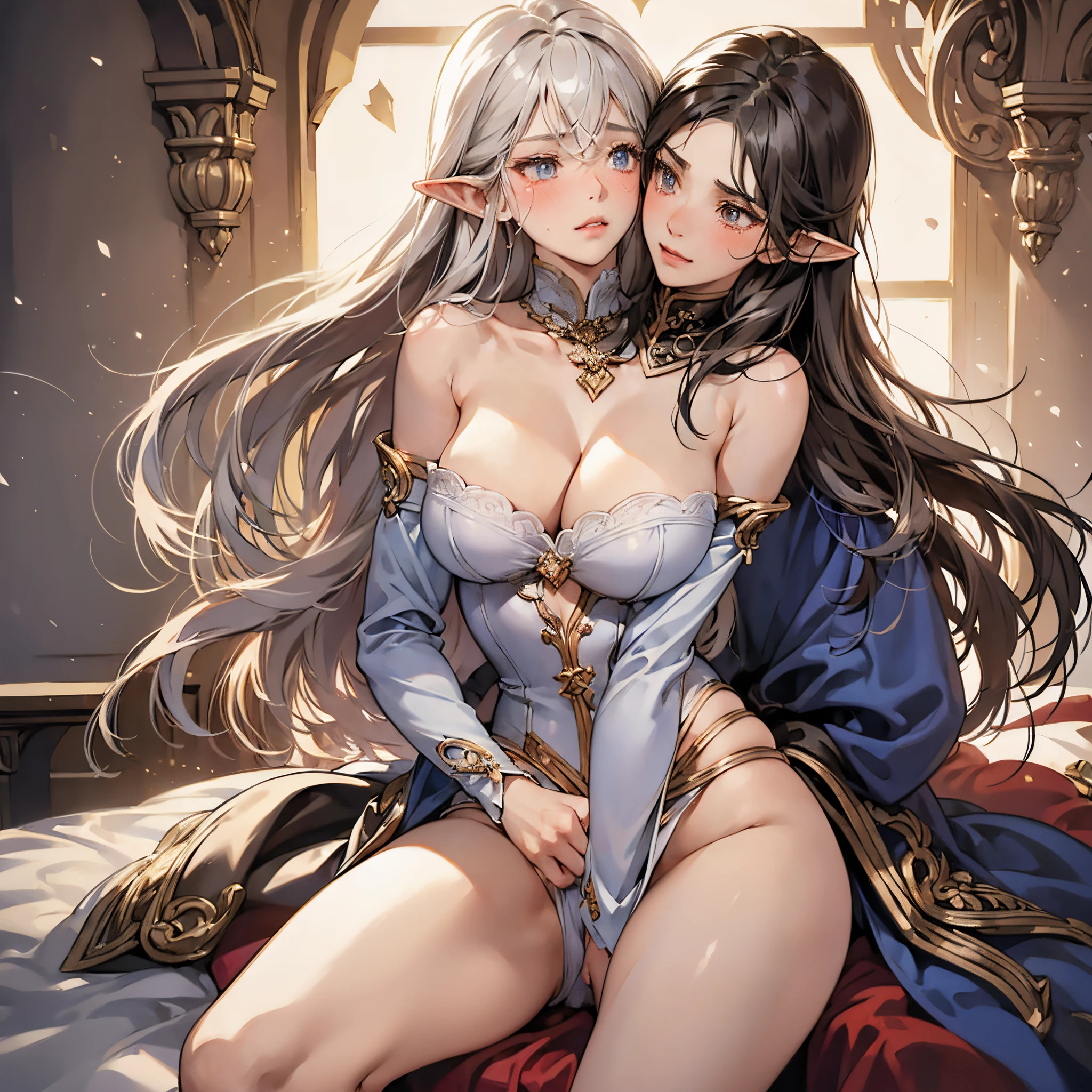 Brown-skinned、Black-haired dark elf girl and silver-haired girl、Fair-skinned elf girls hug and love each other,Very beautiful,lesbian between girls,I'm so embarrassed that I almost cry,red blush,Accurately drawn face ,tre anatomically correct,perfectly proportions,Precise fingers,,Spread your legs wide and blame each other#39;chest and crotch,Scandinavian style costume,erotick,Fantasia,Sweaty skin,Extreme lesbian ,in a fantasy dungeon,masterpiece,Best Quality, (2heads:1.5)