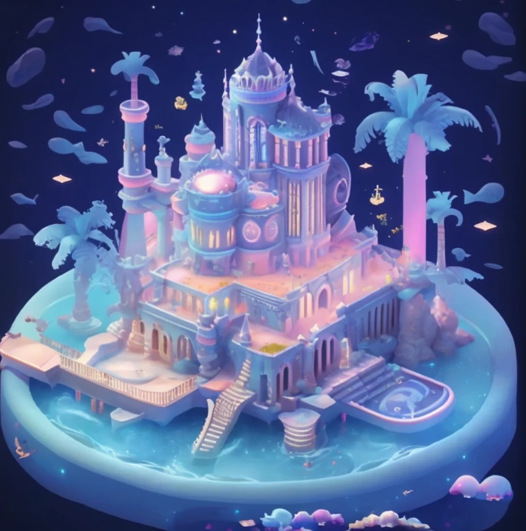 "Digital image of a castle-like mansion with a vast site area made of fruit、A wonderful mansion where all the walls such as the garden and the roof of the mansion are made of fruit、It is also good to cut the fruit and use only the peel、Vast Panoramic World、Sky is a beautiful blue, pink and orange sunset digital art"、Undersea Palace,of a huge castle with a fountain, floatingpalace, dreamy and detailed, 8k high quality detailed art, Cloud Palace, concept art magical highlight, 3D magic details, Milky White Palace, Isometric 3D Fantasy Island, magical castle, Detailed dream landscape, cute detailed digital art, Flying Cloud Castle, beautiful detailed fantasy、(Beautiful blue sky pink color、Pink or orange sunset sky)、(Vibrant colors、Scenery with vivid color variations)