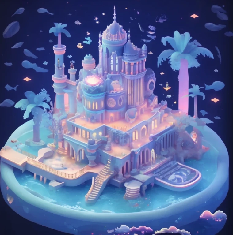 "Digital image of a castle-like mansion with a vast site area made of fruit、A wonderful mansion where all the walls such as the garden and the roof of the mansion are made of fruit、It is also good to cut the fruit and use only the peel、Vast Panoramic World、Sky is a beautiful blue, pink and orange sunset digital art"、Undersea Palace,of a huge castle with a fountain, floatingpalace, dreamy and detailed, 8k high quality detailed art, Cloud Palace, concept art magical highlight, 3D magic details, Milky White Palace, Isometric 3D Fantasy Island, magical castle, Detailed dream landscape, cute detailed digital art, Flying Cloud Castle, beautiful detailed fantasy、(Beautiful blue sky pink color、Pink or orange sunset sky)、(Vibrant colors、Scenery with vivid color variations)