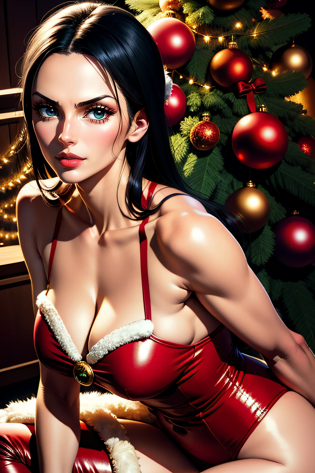Nico Robin, a Young woman wearing Christmas outfit, 1female, seductive, detailed face, detailed , background Christmas.