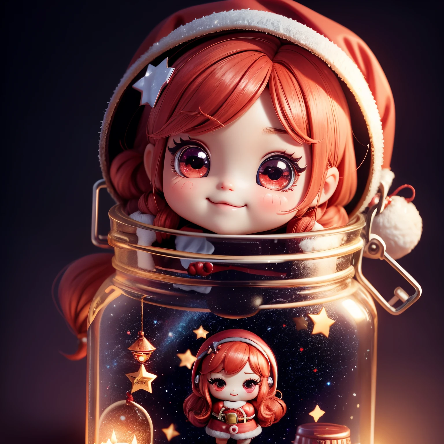 A chibi doll trapped in a magic jar、Cute girl doll dressed as Santa Claus、A smile、Chibi Doll、Stars in the eyes（kirakira）、Eye Up、Laugh、Cute red chouconitide, Ultra Detail, radiant light、bio luminescent、Taken from the side、Stronger bokeh effect