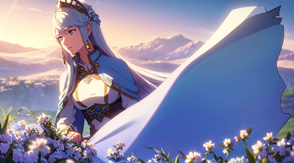 masterpiece, best quality, 1lady, solo, really long hair, white hair, (blue flowers hair ornament), light blue eyes, earrings, day, Vast sky, beautiful skyline, Celtic, fantasy, knights, blue cape, calm
