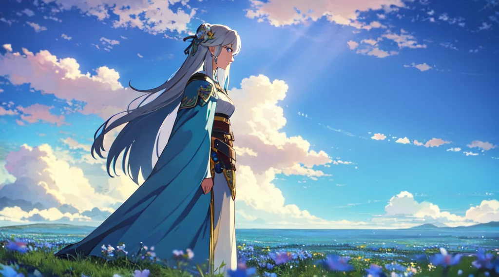 masterpiece, best quality, 1lady, solo, really long hair, white hair, (blue flowers hair ornament), light blue eyes, earrings, day, Vast sky, beautiful skyline, Celtic, fantasy, knights, blue cape, calm