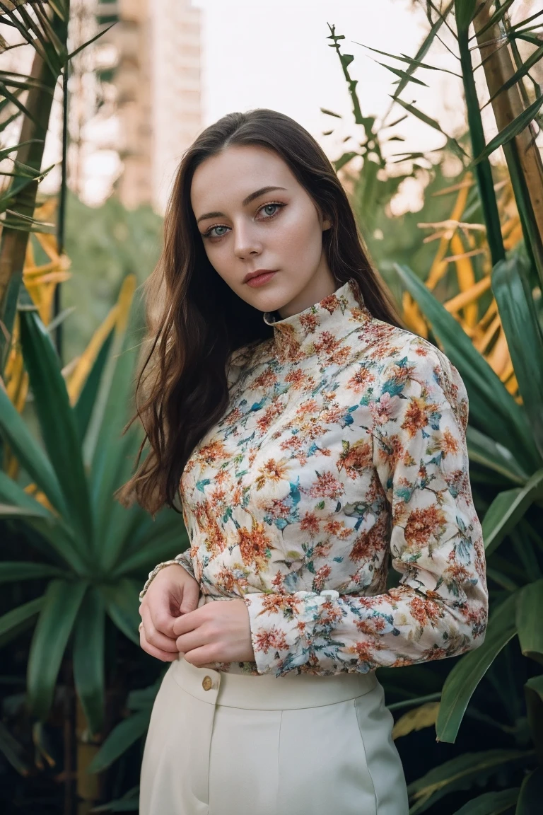 A stunning intricate full color portrait of  a (cute) woman,wearing a floral high neck blouse, happy, epic character composition,by ilya kuvshinov, alessio albi, nina masic,sharp focus, natural lighting, subsurface scattering, f2, 35mm, film grain, 25 years old