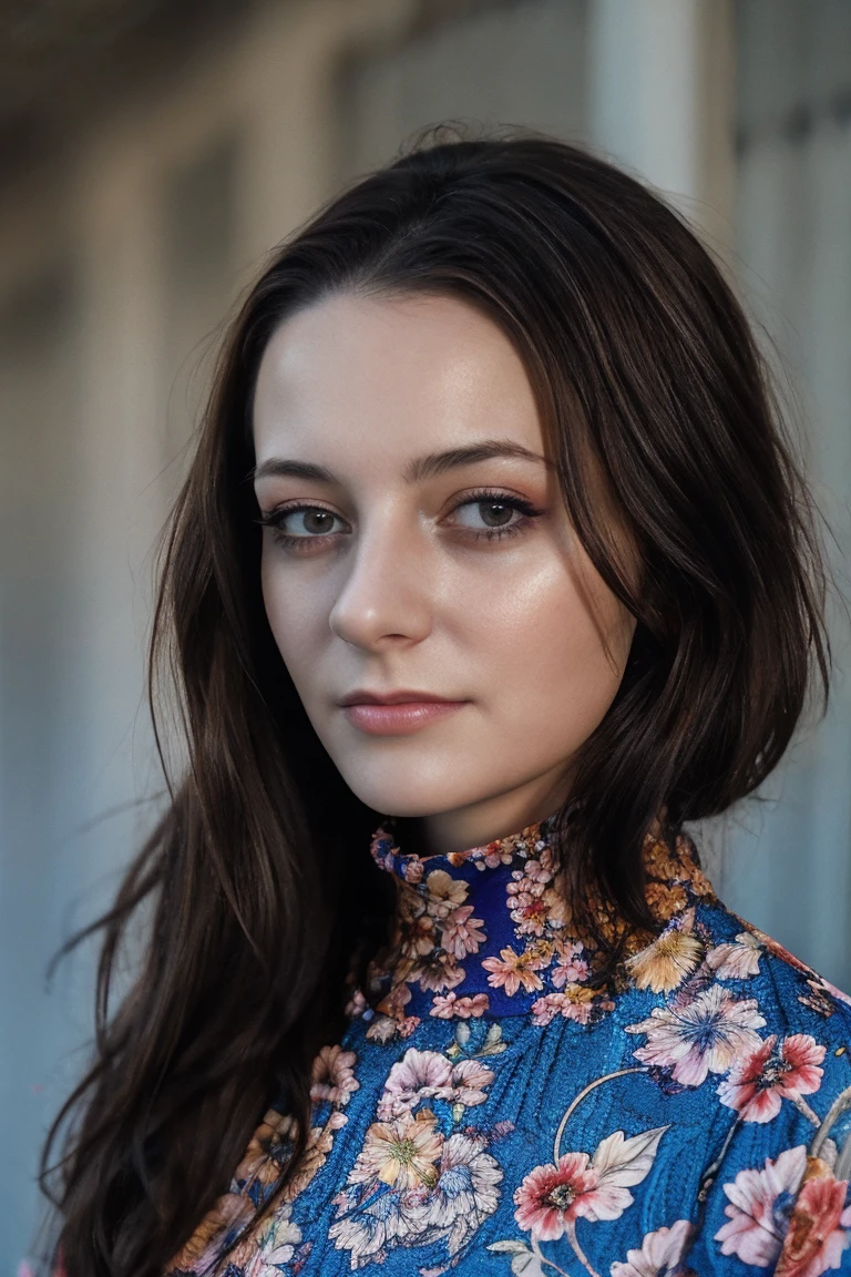 A stunning intricate full color portrait of  a (cute) woman,wearing a floral high neck blouse, happy, epic character composition,by ilya kuvshinov, alessio albi, nina masic,sharp focus, natural lighting, subsurface scattering, f2, 35mm, film grain, 25 years old