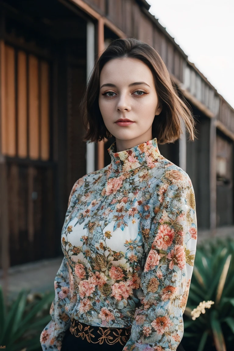 A stunning intricate full color portrait of  a (cute) woman,wearing a floral high neck blouse, happy, epic character composition,by ilya kuvshinov, alessio albi, nina masic,sharp focus, natural lighting, subsurface scattering, f2, 35mm, film grain, 25 years old