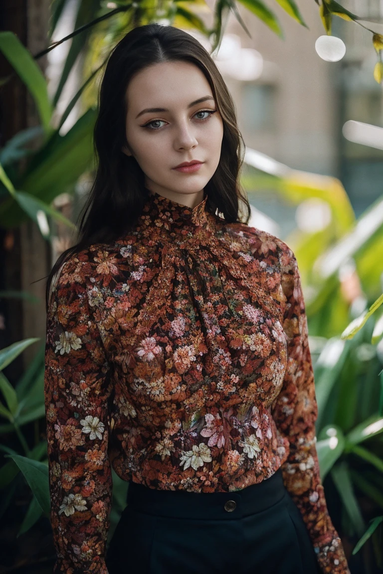 A stunning intricate full color portrait of  a (cute) woman,wearing a floral high neck blouse, happy, epic character composition,by ilya kuvshinov, alessio albi, nina masic,sharp focus, natural lighting, subsurface scattering, f2, 35mm, film grain, 25 years old