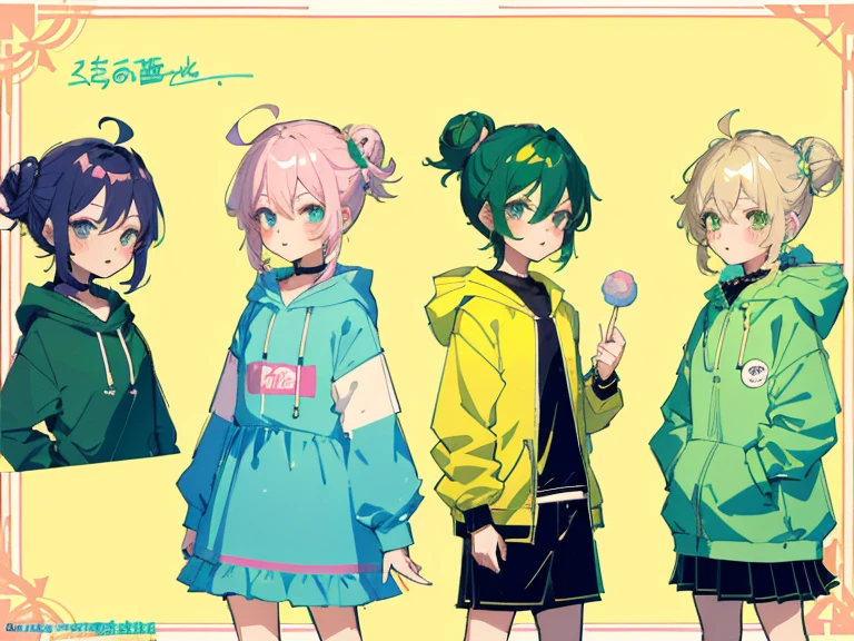 supreme， green down jacket，lime color hair，pink eyes，Standing on your feet，submachine gun，Detailed Genshin graphics，anime character design，anime concept art，pretty anime character design，anime character reference sheet，[Character design]，1girl in, ((Character information)、(Chara Leaf)、pastel dimmed colors, (Yellow color palette.:1.2, Blue:1.2, Pink:1.2), (Blue hair bun and blonde), Short fashionable skirt, Sitting on a throne of sweets and pastries, For example, doughnut, splash, candy, Lollipop, lollipop cane, a cake, cupcake, Cake Pop, Ruffles and lace, polka dot,(Lush pastel dresses), petite girl,Type sheet, Character Sheets, Three types，Shot Full Body，Game Character Design, green color, Green hoodie，
