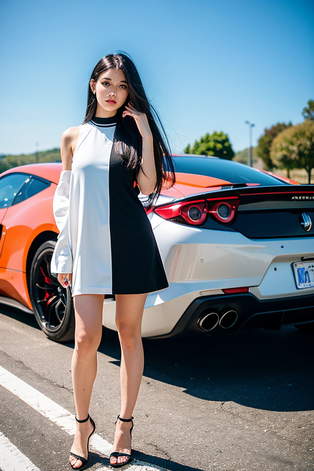 create a picture of a white girl with black hair standing in front of a ferari car