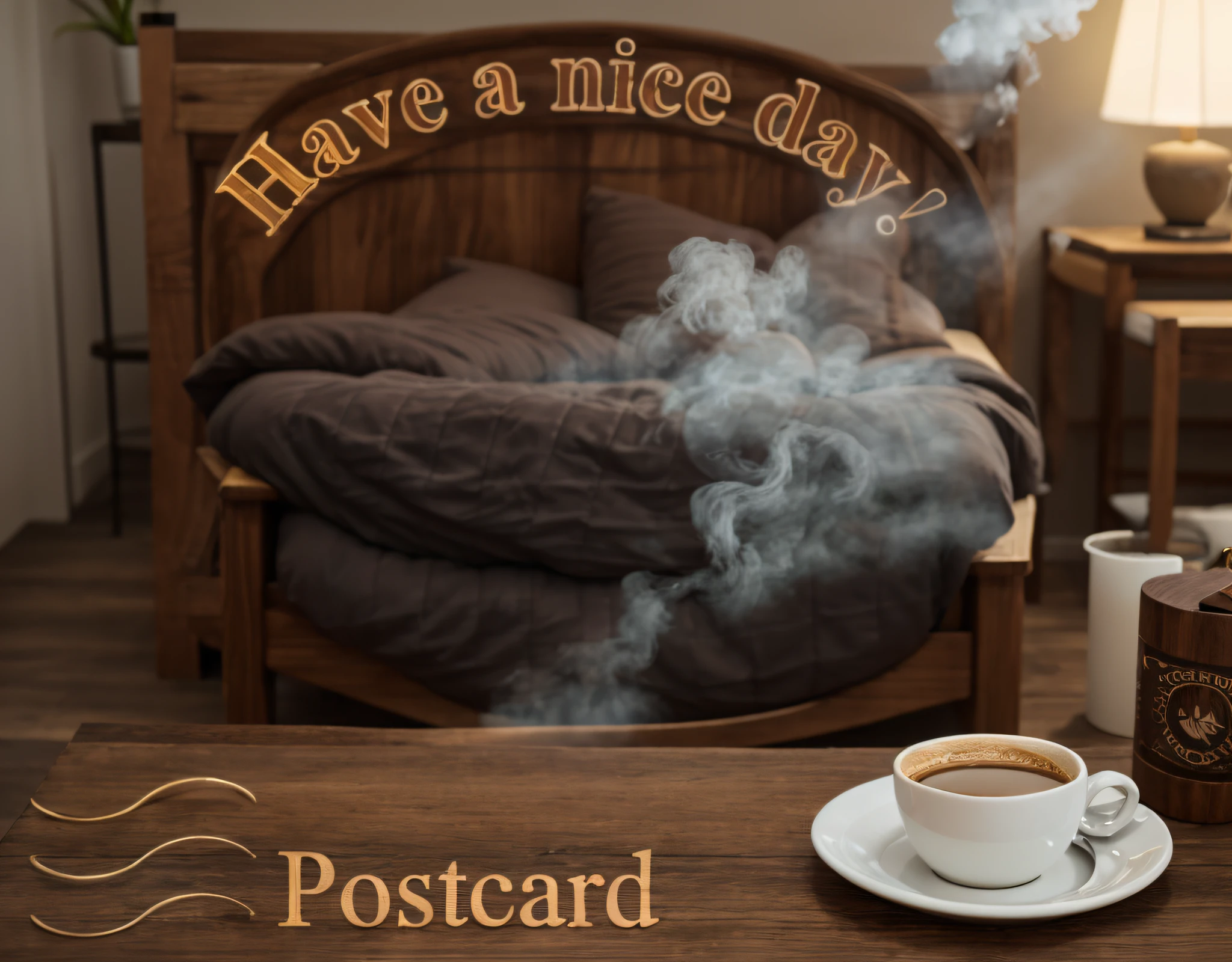 there  a postcard with a picture of a cozy room with a wooden table, on which stands a tray with a steaming cup of coffee and a fresh croissant, Happy!!!, Morning coffee, ƒ/3.5, ƒ / 3. 5, ƒ/2.5, ƒ / 2. 5, Good afternoon, Day,  subdued tones, postprocessed), very very happy!, Orus!