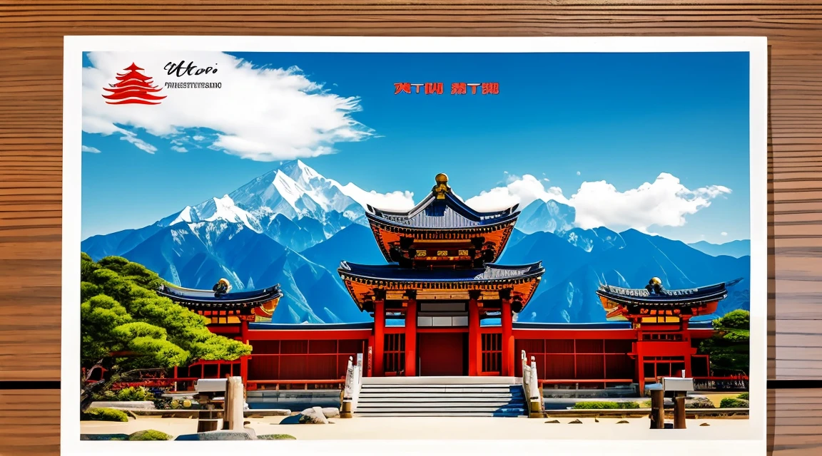 (postcard:1.3), (masterpiece, best quality), a photo of a postcard on a desk, shinto temple postcard with mountain range, vibrant, clean lines, natural lighting
