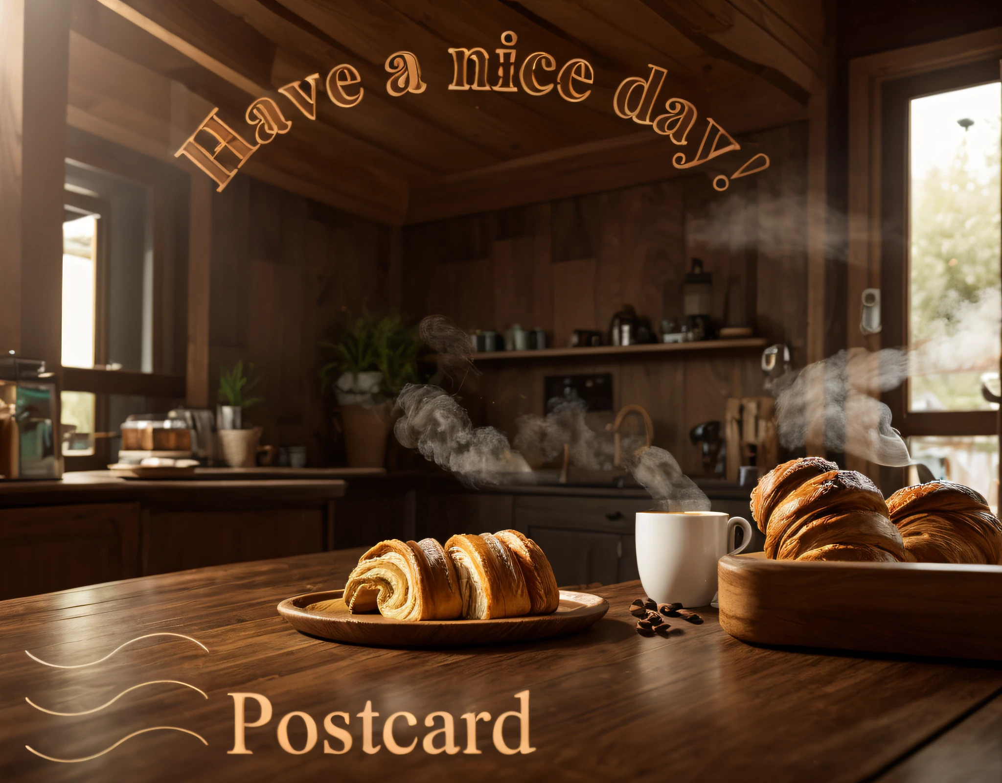 there  a postcard with a picture of a cozy room with a wooden table, on which stands a tray with a steaming cup of coffee and a fresh croissant, Happy!!!, Morning coffee, ƒ/3.5, ƒ / 3. 5, ƒ/2.5, ƒ / 2. 5, Good afternoon, Day,  subdued tones, postprocessed), very very happy!, Orus!