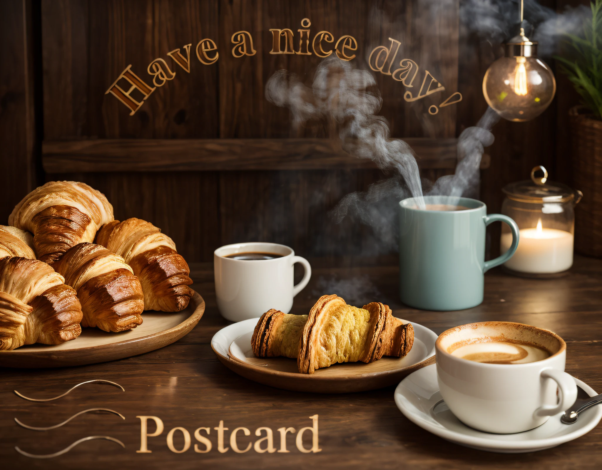 there  a postcard with a picture of a cozy room with a wooden table, on which stands a tray with a steaming cup of coffee and a fresh croissant, Happy!!!, Morning coffee, ƒ/3.5, ƒ / 3. 5, ƒ/2.5, ƒ / 2. 5, Good afternoon, Day,  subdued tones, postprocessed), very very happy!, Orus!