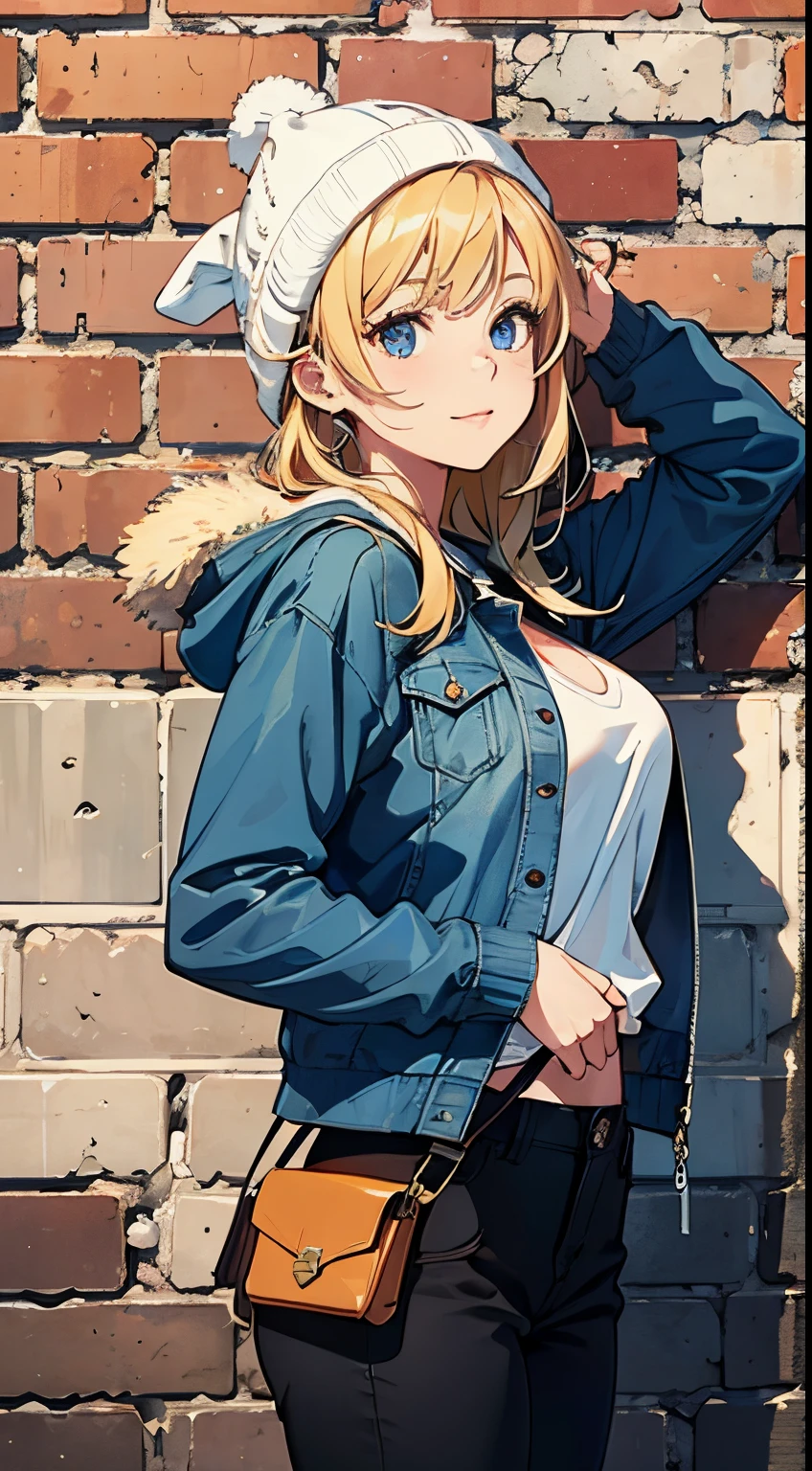 ((Best Quality, 8K, Masterpiece:1.3)), Focus: 1.2, (Perfect Body Beauty, Photorealistic: 1.4), (Best Quality), (Best Shadow), Detailed, Perfect Lighting, BREAK
1girl, solo, blonde hair, little smile, blue eyes, Swept bangs, big breasts, perfect anatomy,
BREAK
stand against the brick wall, looking away, upper body, (baggy) saxe blue collage jacket, sweatshirt, 1girl's crossbody bag, knitt hat, sneakers, black jearsy pants,