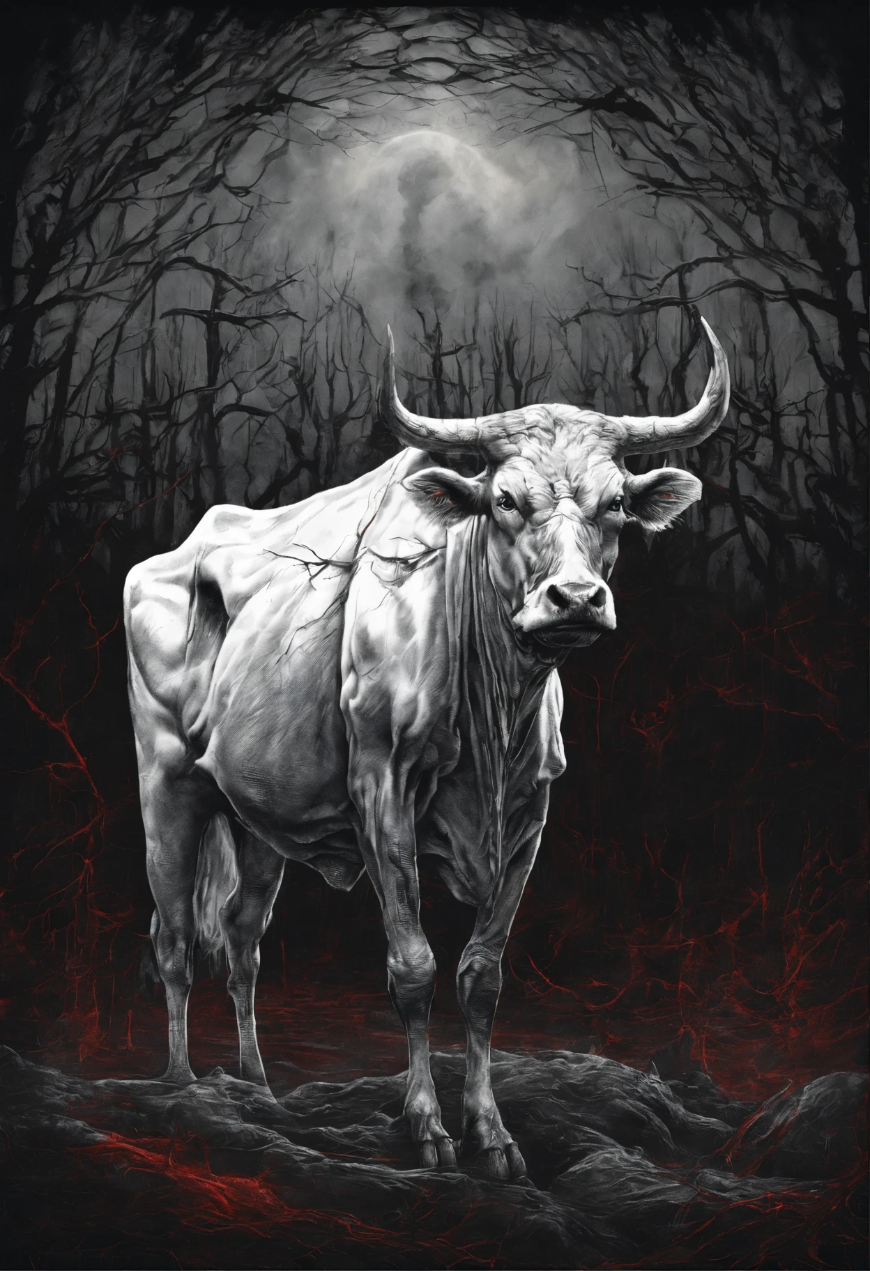 Imagine a scene with a sleek, one white skinny cow with glowing red eyes,four legged cow, harnessed and diligently pulling a carriege, full of human skull. The contrast between the ethereal red glow and the pure white fur creates a striking and surreal visual. The cow's focused expression and determined posture add a mysterious and captivating element to the image.photolithography, Dark and creepy gothic, Romantic Gothic, Dark ornate gothic