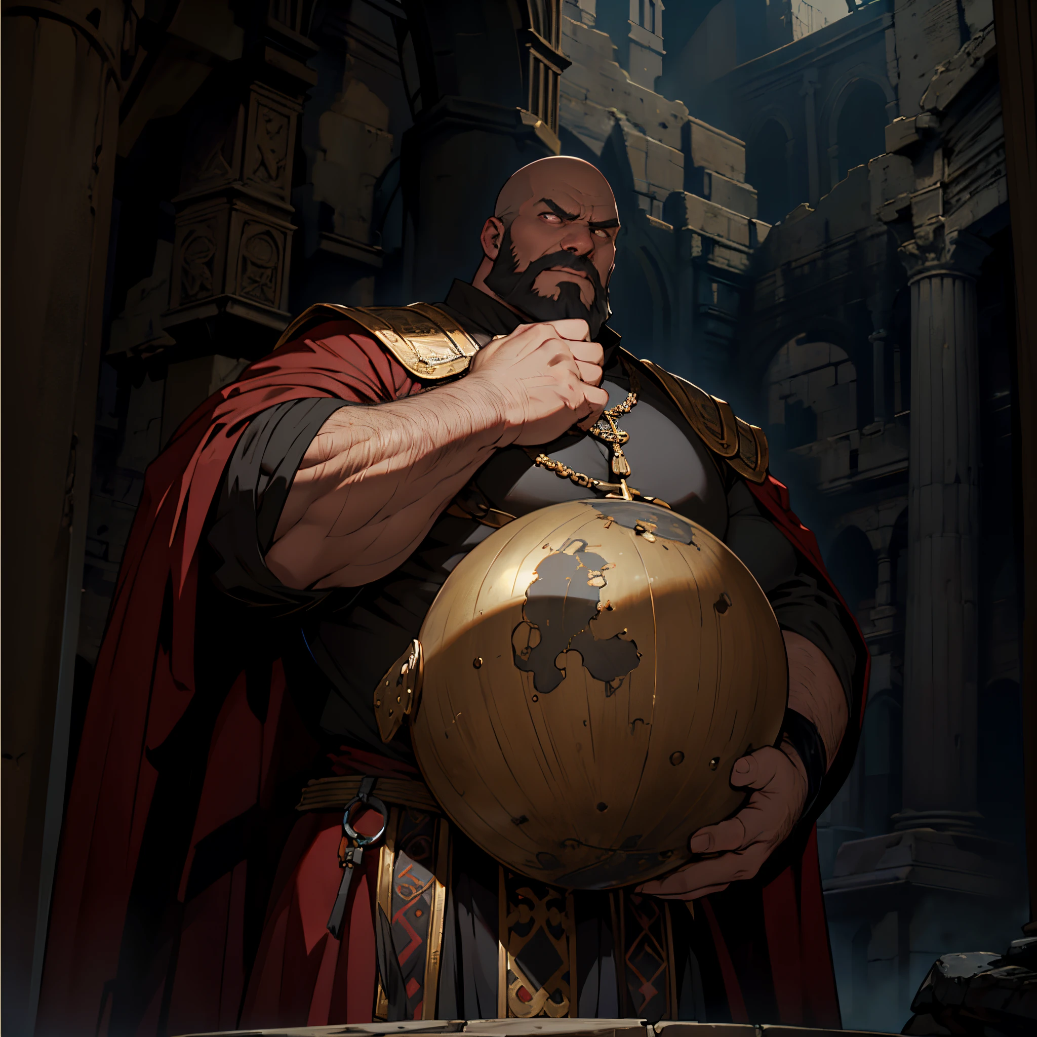 ​masterpiece, Best Quality, detailed, person upper body, Cinematics, 4k, Background with:Colosseum without people, Bald middle-aged man with very fat stomach.(without eyebrows, beardless), scary looking, Dress up like a medieval dark fantasy emperor, holding a huge iron ball