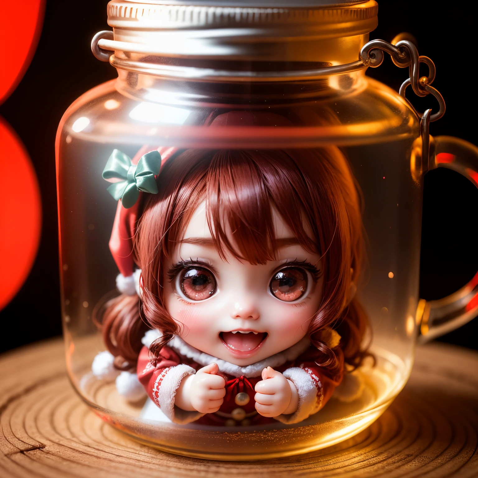 A chibi doll trapped in a magic jar、Cute girl doll dressed as Santa Claus、Open your mouth and smile、Chibi Doll、、Eye Up、Laugh、cute red choconitide, Ultra Detail, radiant light、bio luminescent、Taken from the side、Stronger bokeh effect