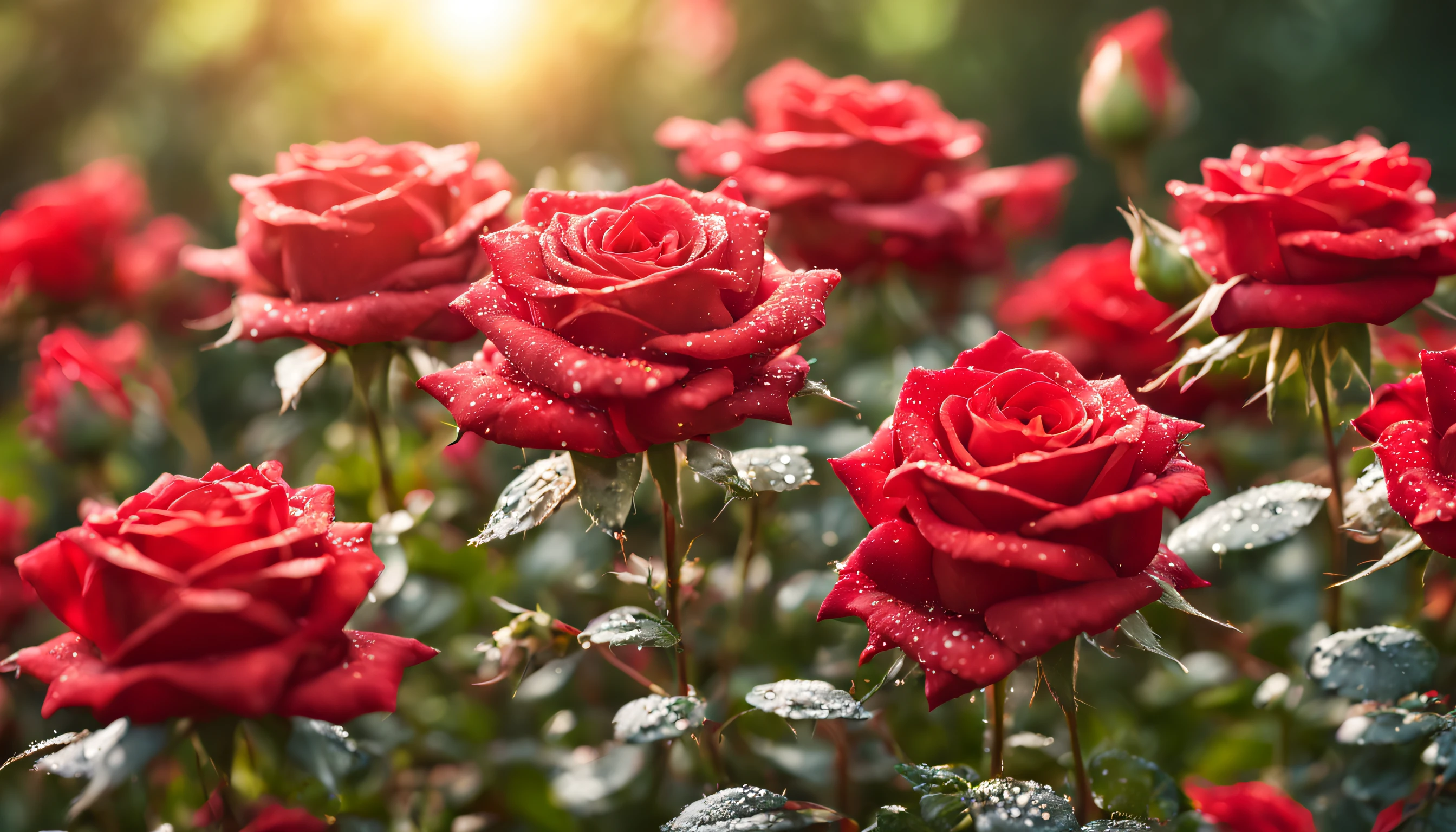Many red color rose flowers in the garden and sunlight with bokeh, dew drops on flower petalasterpiece, ultra quality, high resolution, 8k, intricate: 1.2), (masterpiece), (best quality:1)