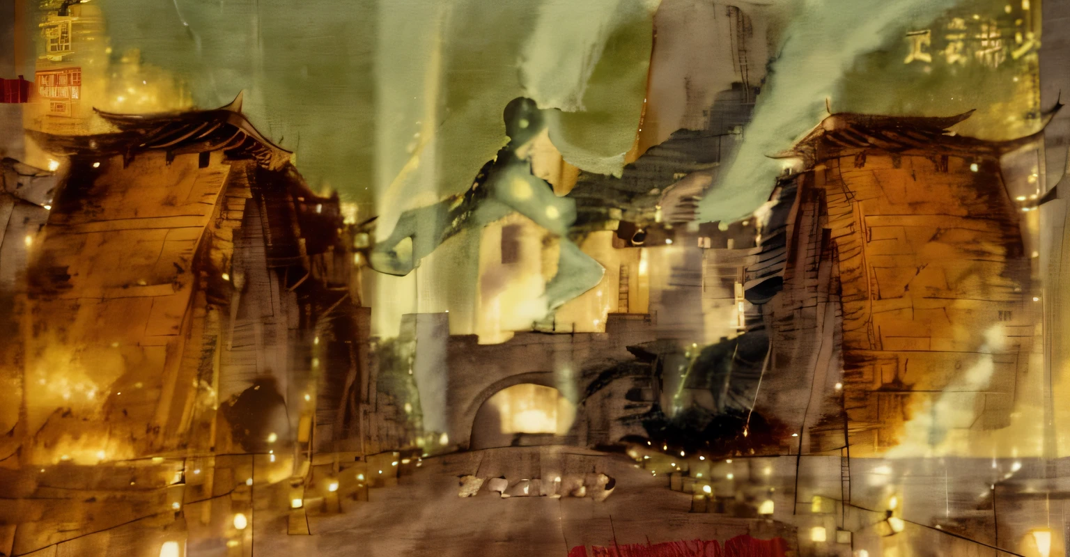 The protagonist stands in the middle of the road,Holding a green dragon knife,The protagonist wears the golden armor of an ancient warrior,Behind the protagonist are a group of monsters from Shan Hai Jing and soldiers wearing ancient armor chasing him..,The gatehouse on fire and smoking,There smoke everywhere
