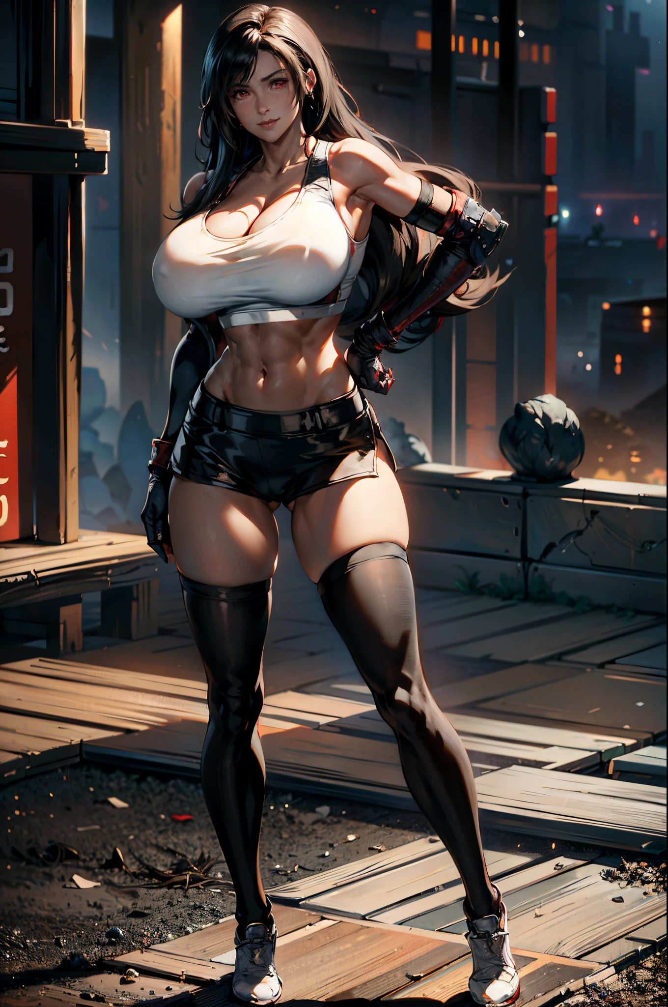 (8k, best quality, masterpiece:1.2), (realistic, photo-realistic:1.37), (full body), standing, legs apart, (wide stance) standing contrapposto, ultra-detailed, 1 girl,cute, solo, (tifa lockhart), (huge breasts:1.5), (beautiful detailed eyes), (smile:1.2), (closed mouth), sharp focus, depth of field, good composition, Final Fantasy VII, black hair, very long straight hair, hair bang, ((red_eyes)), intricate, bokeh, (Tetsuya Nomura style), (white sports bra:1.5), black miniskirt, long gloves, stockings, garters, toned body, athletic, thick thighs, wide hips, thin waist, toned arms, exposed abdomen, view from front, beach background