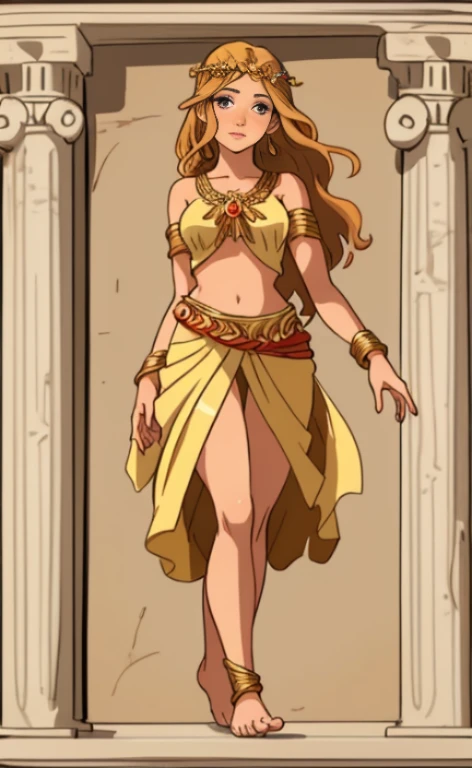 A beautiful barefoot young woman, which represents a Greek goddess.