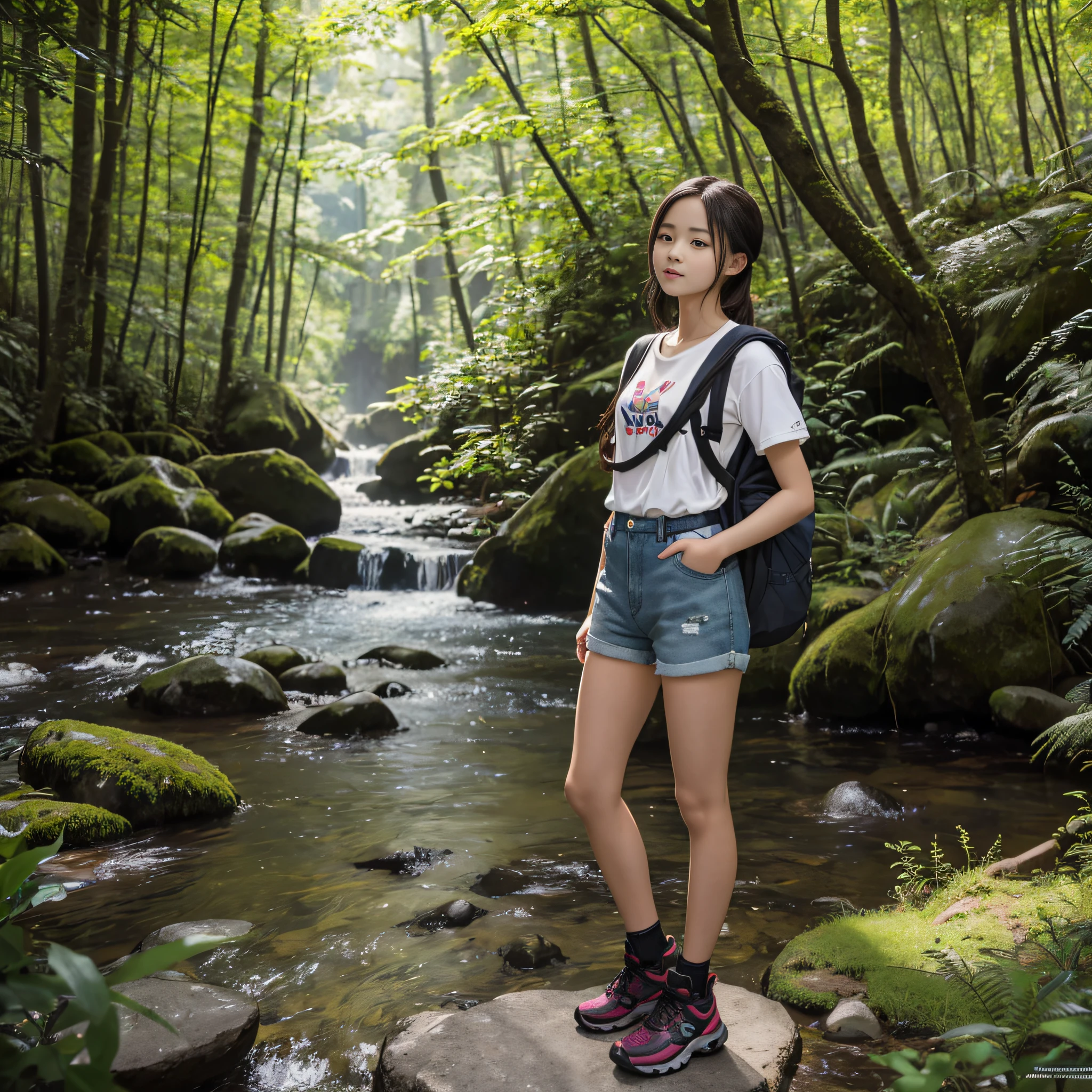 A young girl with a perfect face stands alone in the scene. She has a short stature, with Asian features. She is wearing a backpack, traveling shorts, a T-shirt, and sport boots. The girl is surrounded by nature, creating a picturesque setting. The prompt aims for the best quality and is a masterpiece, with an emphasis on the detailed and realistic representation of the girl's face. The overall image should have vivid colors and be in high resolution (4k, 8k) to showcase the beauty of the scene.