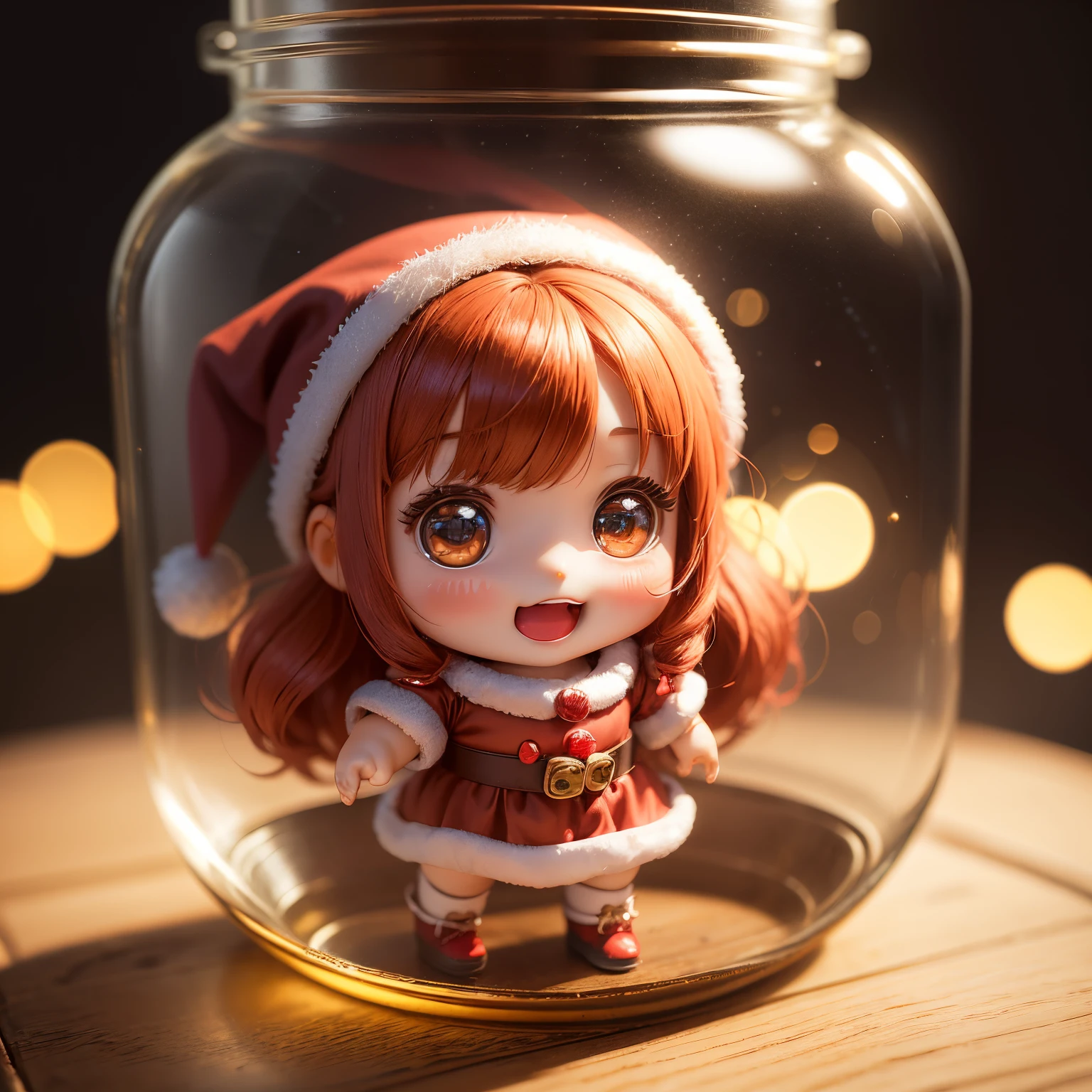 A chibi doll trapped in a magic jar、Cute girl doll dressed as Santa Claus、Open your mouth and smile、Chibi Doll、Standing whole body、Eye Up、Laugh、cute red choconitide, Ultra Detail, radiant light、bio luminescent、Taken from the side、Stronger bokeh effect