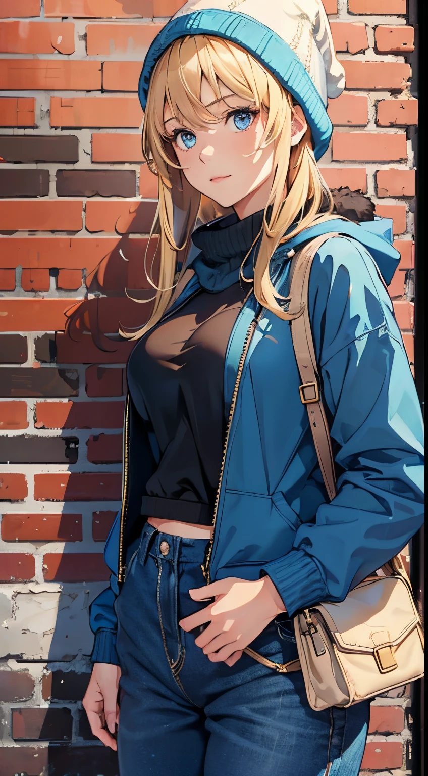 ((Best Quality, 8K, Masterpiece:1.3)), Focus: 1.2, (Perfect Body Beauty, Photorealistic: 1.4), (Best Quality), (Best Shadow), Detailed, Perfect Lighting, BREAK
1girl, solo, blonde hair, little smile, blue eyes, Swept bangs, big breasts, perfect anatomy, 10 heads tall,
BREAK
stand against the brick wall, looking away, upper body, (baggy) saxe blue collage jacket, sweatshirt, 1girl's crossbody bag, knitt hat, sneakers, black jearsy pants,