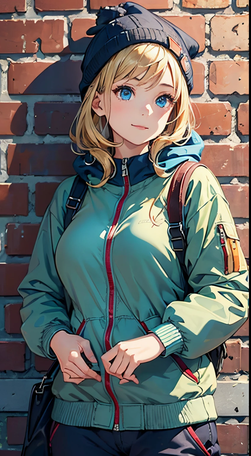 ((Best Quality, 8K, Masterpiece:1.3)), Focus: 1.2, (Perfect Body Beauty, Photorealistic: 1.4), (Best Quality), (Best Shadow), Detailed, Perfect Lighting, BREAK
1girl, solo, blonde hair, little smile, blue eyes, Swept bangs, big breasts, perfect anatomy, 10 heads tall,
BREAK
stand against the brick wall, looking away, upper body, (baggy) saxe blue collage jacket, sweatshirt, 1girl's crossbody bag, knitt hat, sneakers, black jearsy pants,