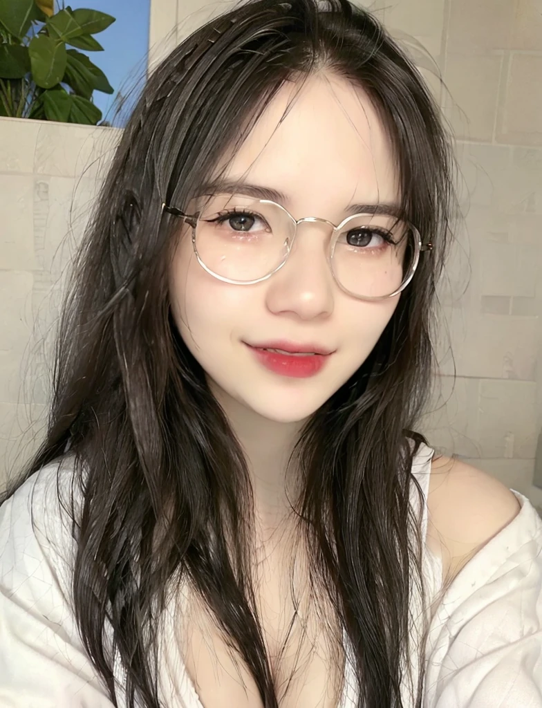 (realistic, high resolution:1.3), 1 girl with perfect figure, 1 girl:1.3, smile, glasses, white skin:1.3, super fine face and eyes,detailed face, long hair, white lace bikini: 1.2 ,outdoor, (upper body focus), half body, upper_body ,perfect light, in bedroom, sit on the bed, big breasts, exposed cleavage,