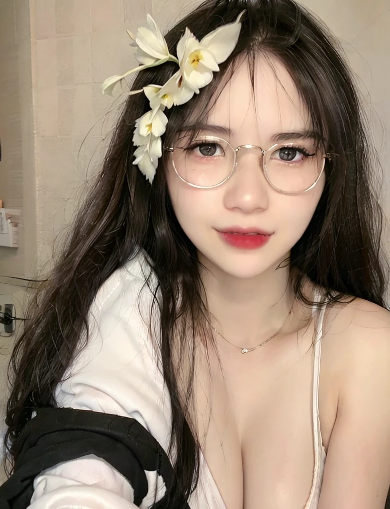 (realistic, high resolution:1.3), 1 girl with perfect figure, 1 girl:1.3, smile, glasses, white skin:1.3, super fine face and eyes,detailed face, long hair, white lace bikini: 1.2 ,outdoor, (upper body focus), half body, upper_body ,perfect light, in bedroom, sit on the bed, big breasts, exposed cleavage,