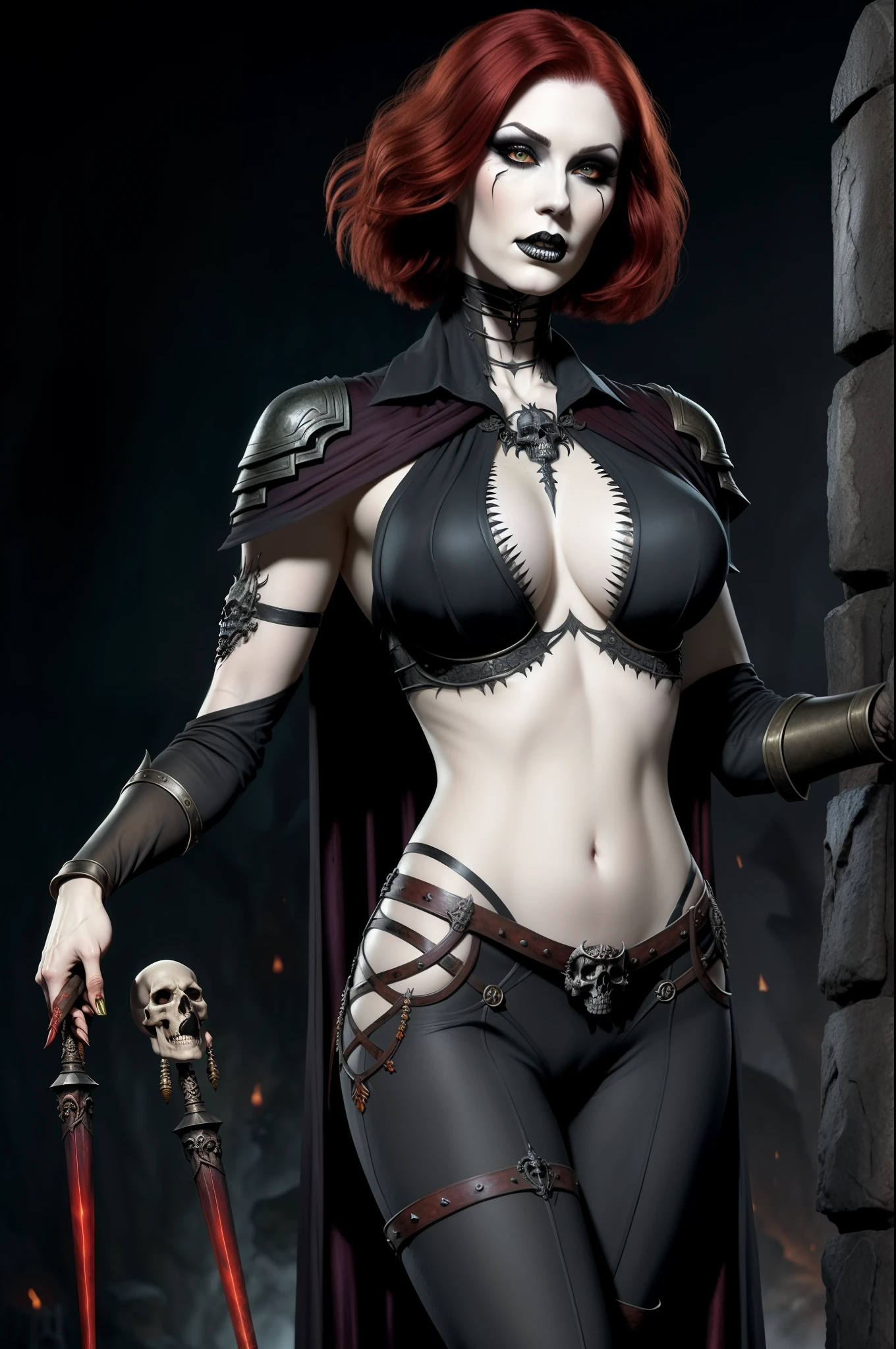Fantasy Female Necromancer with pale skin and short red hair , clyde caldwell, dark mascara, heavy makeup, skulls