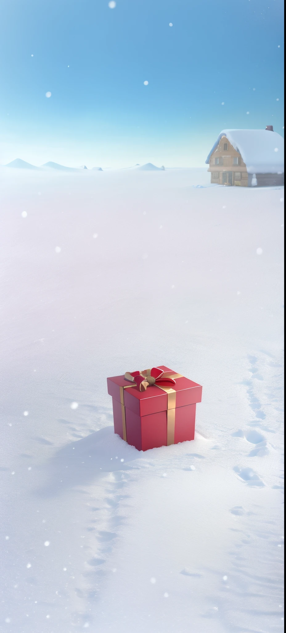 There a red box in the snow,There a gold ribbon on it, The warm, gifts, pic, Surreal, extremely high resolution, gifts, rendered in cinema4d, 4D cinema rendering, vacation, highly detailed scenario, My background only snow, very highly detailed background, illustratio, vacation, very highly detailed background