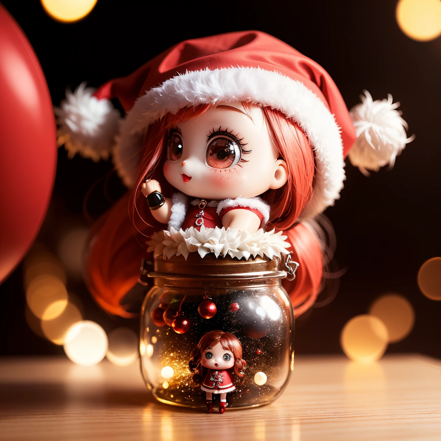 A chibi doll trapped in a magic jar、Cute girl doll dressed as Santa Claus、Open your mouth and smile、Chibi Doll、Standing whole body、Eye Up、Laugh、cute red choconitide, Ultra Detail, Christmas tree、gifts、radiant light、bio luminescent、Taken from the side、Stronger bokeh effect