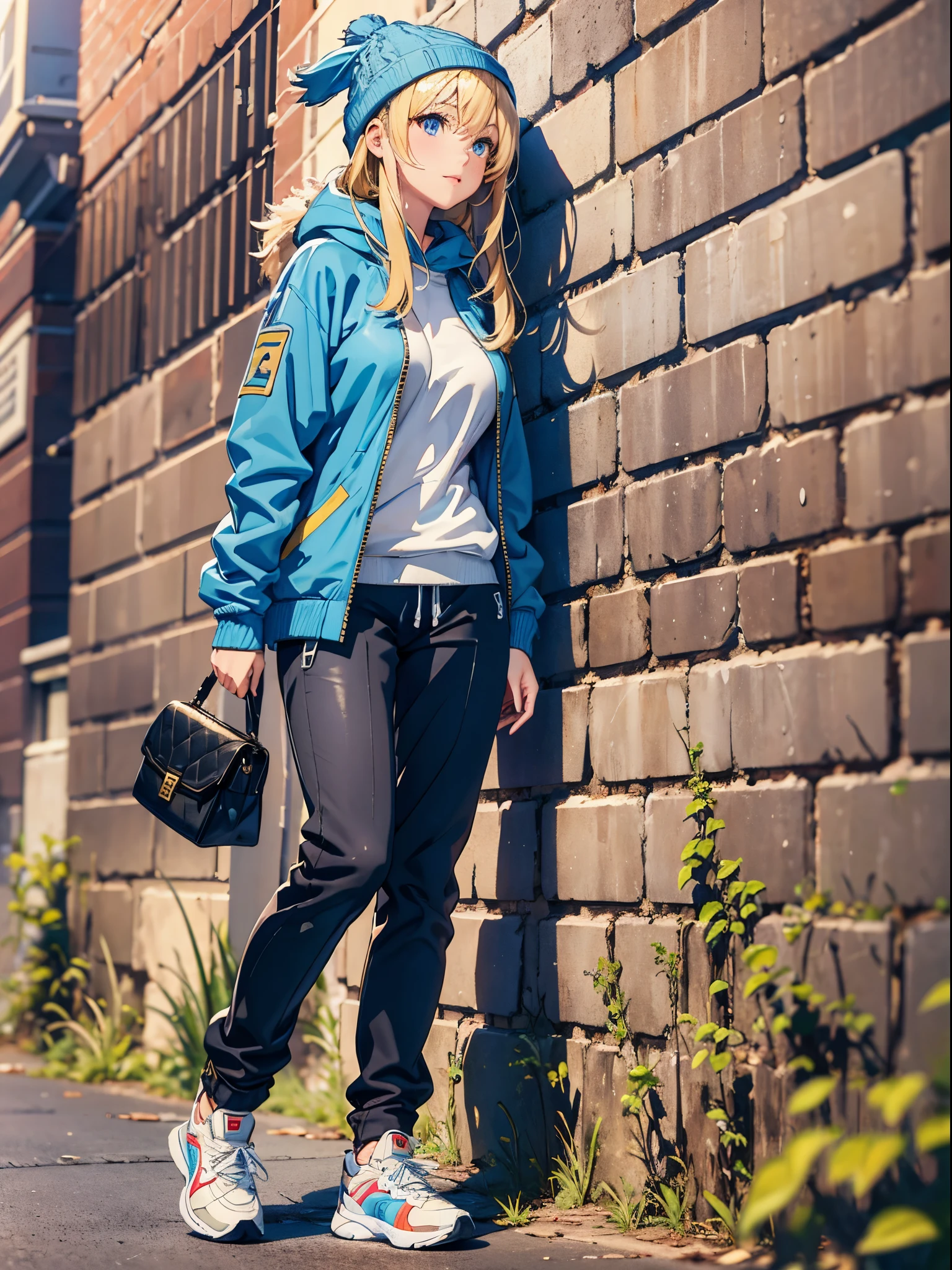 ((Best Quality, 8K, Masterpiece:1.3)), Focus: 1.2, (Perfect Body Beauty, Photorealistic: 1.4), (Best Quality), (Best Shadow), Detailed, Perfect Lighting, BREAK
1girl, solo, blonde hair, little smile, blue eyes, Swept bangs, big breasts, perfect anatomy, 10 heads tall,
BREAK
stand against the brick wall, looking away, upper body, (baggy) saxe blue collage jacket, sweatshirt, 1girl's crossbody bag, knitt hat, sneakers, black jearsy pants,