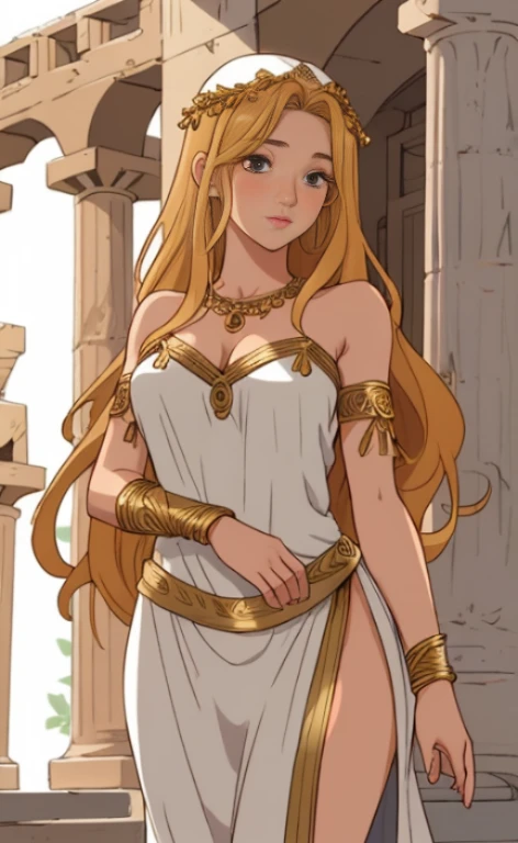 (MASTERPIECE), (Best Quality), (Ultra Detail), Official Art, One Girl, with Golden Hair, Petite Littiestess Lori, See-through Robe of White and Red and Gold, Off Shoulder, Small, Small, Small, Cleavage, Underboob, Thigh Focus, Navel Out, Card Illustration, Inside the Temple