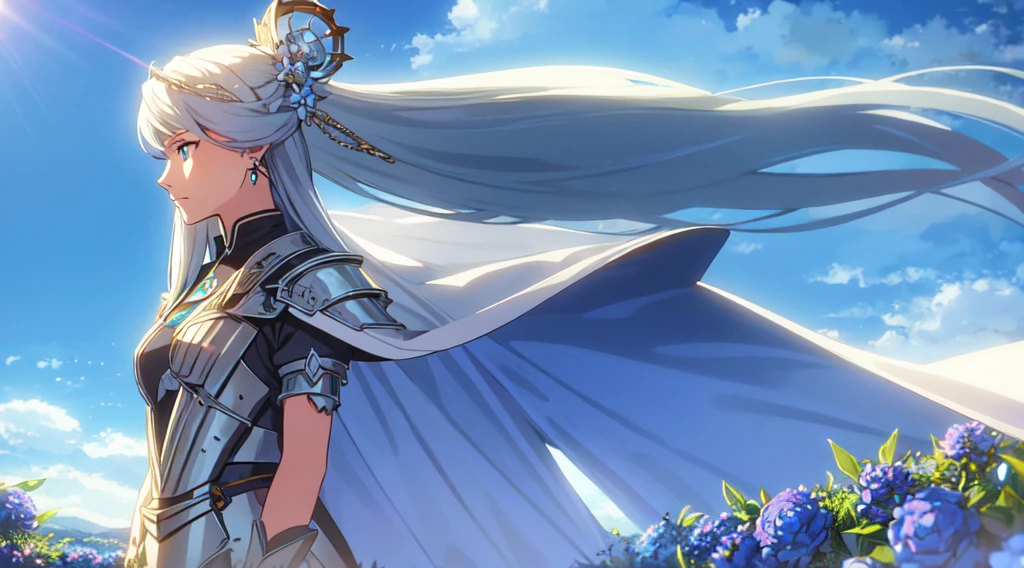 masterpiece, best quality, 1lady, solo, really long hair, white hair, (blue flowers hair ornament), light blue eyes, earrings, day, Vast sky, beautiful skyline, Celtic, fantasy, armored knights, swords, blue cape, calm