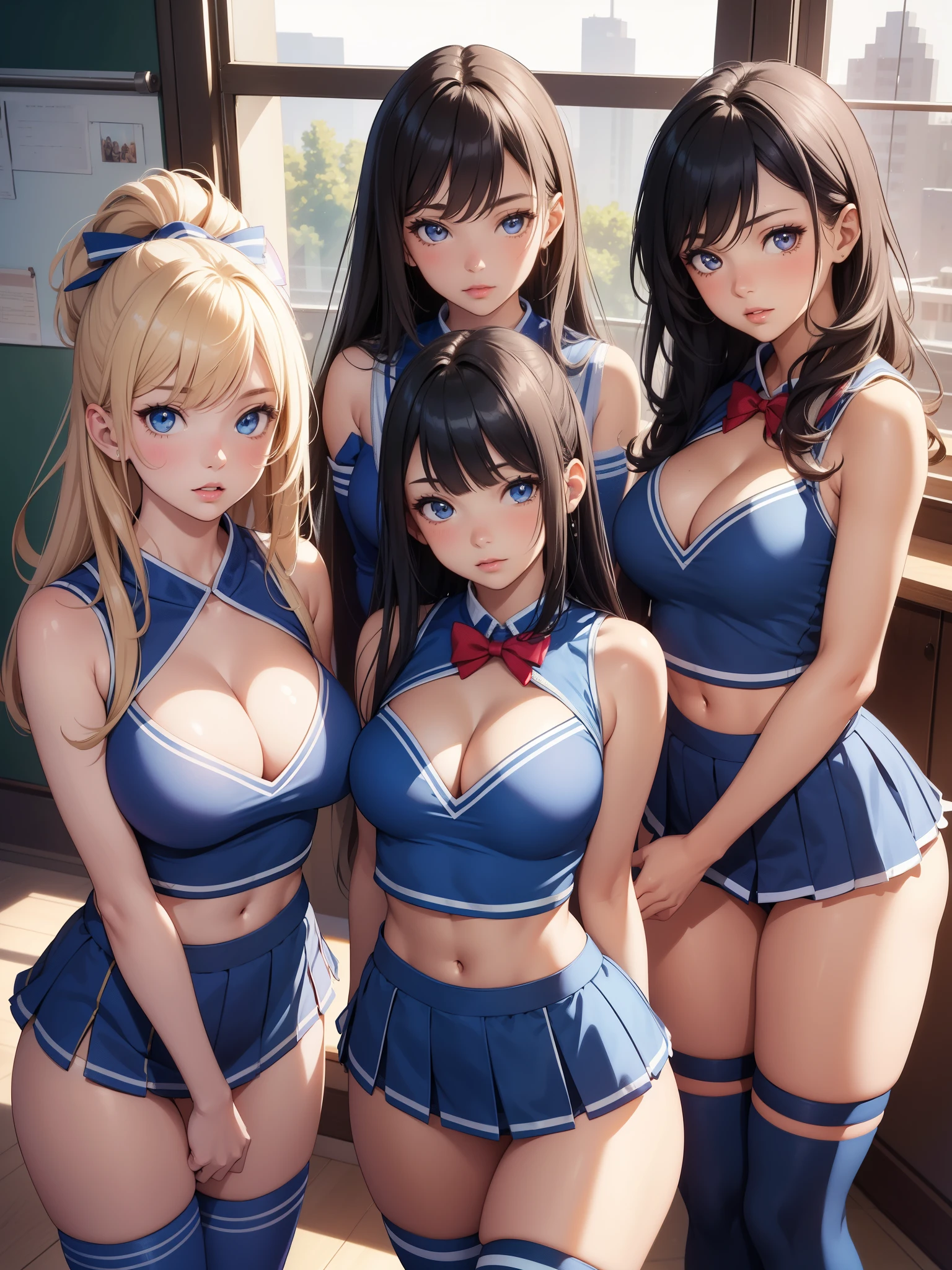 3girls, natural lighting, masterpiece, highly detailed, illustration, game CG, absurdres, high quality, glossy lips, looking at viewer, lips parted, standing, (blue cheerleader uniform), cleavage, thigh highs, sleeveless, midriff, (multiple girls), classroom