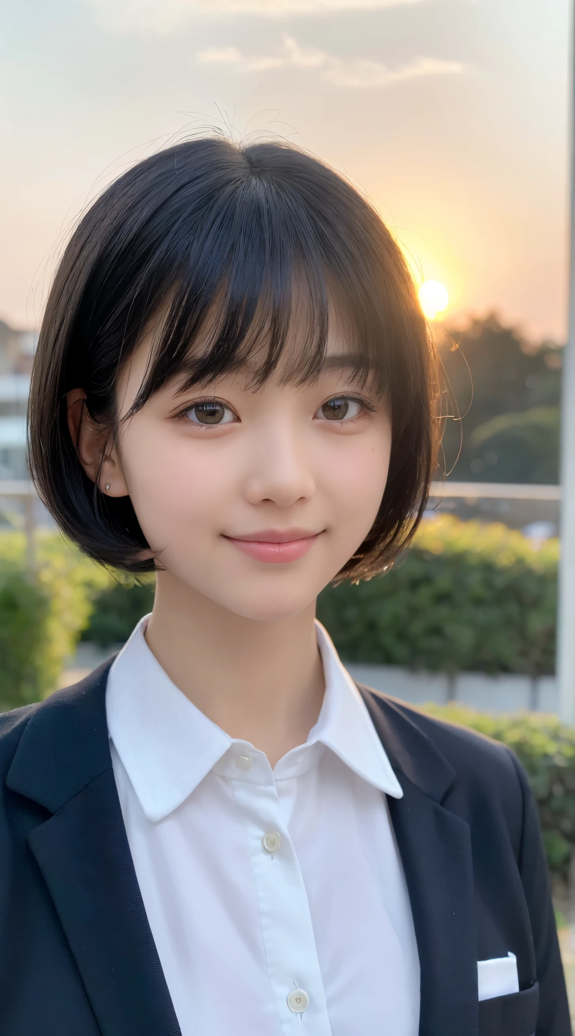 (top-quality,8K picture quality,​masterpiece:1.3),(超A high resolution,Photorealsitic:1.4,Raw photography),(ultra-detailliert,Caustics,Detailed background),(Ultra-realistic capture,Beautifully detailed skin,perfect anatomia),at the sunset,Sunset sky,school classrooms,18year old,kawaii,Single eyelid,Black hair short bob,School Blazer Uniform,Looking at the camera,A smile,Bust-up shot,natural soft light