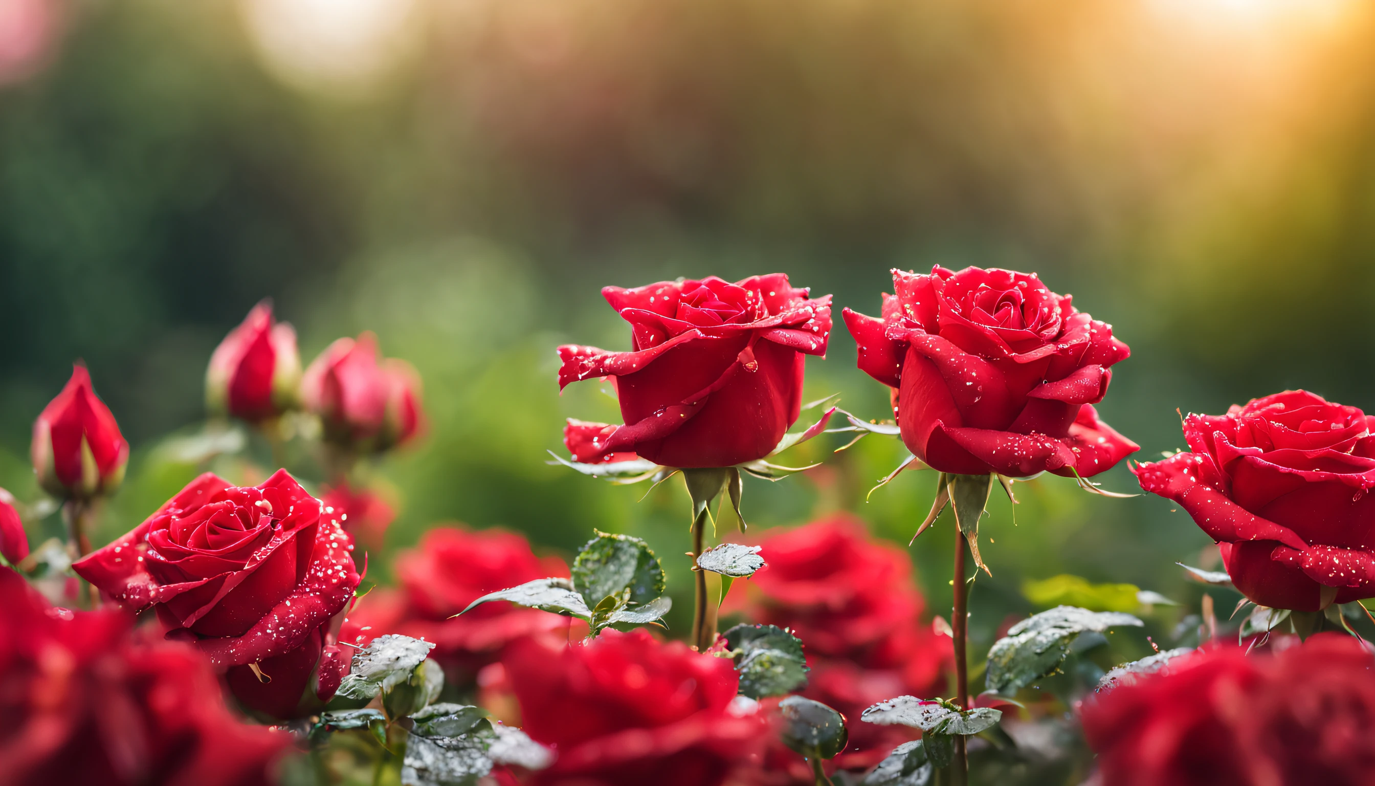 Many red color rose flowers in the garden and sunlight with bokeh, dew drops on flower petalasterpiece, ultra quality, high resolution, 8k, intricate: 1.2), (masterpiece), (best quality:1)