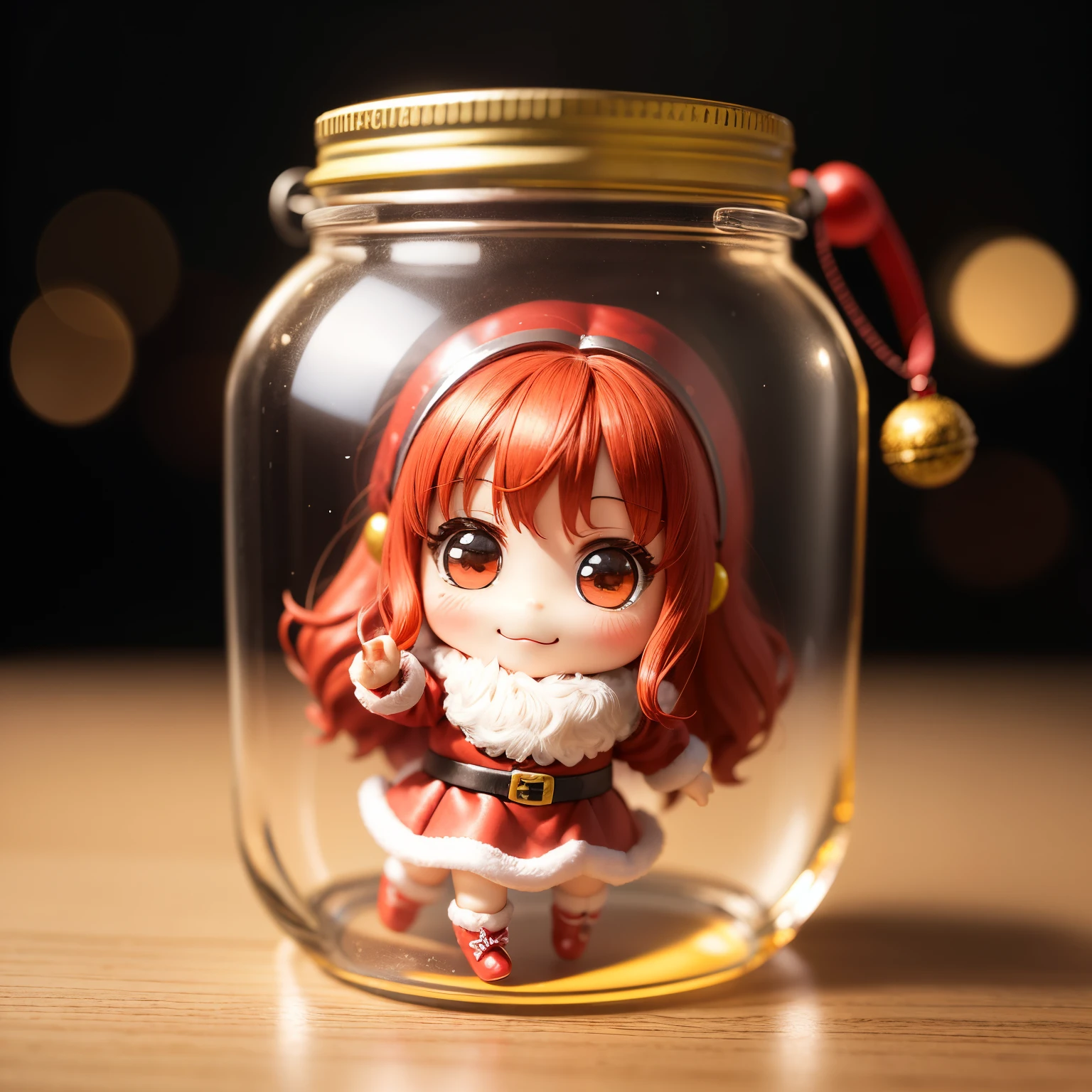 A chibi doll trapped in a magic jar、Nendoroid of a cute girl dressed as Santa Claus、open and smile、Chibi Doll、Standing whole body、Eye Up、Laugh、cute red choconitide, Ultra Detail, Christmas tree、gifts、radiant light、bio luminescent、Taken from the side、Stronger bokeh effect