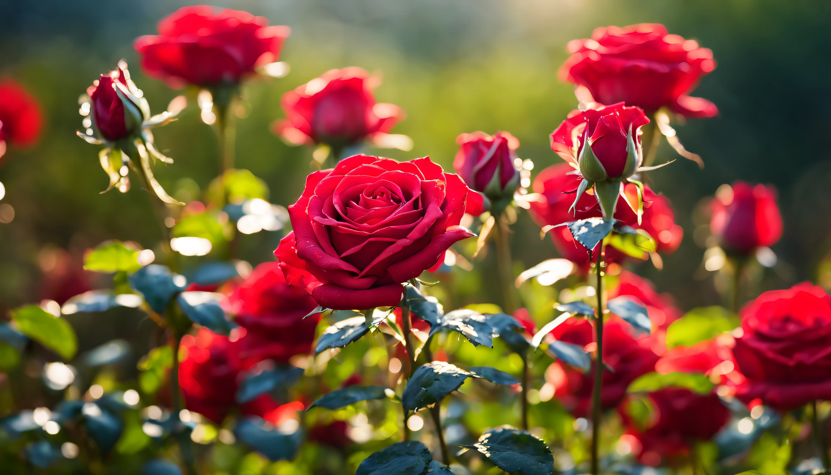 Many red color rose flowers in the garden and sunlight with bokeh, dew drops on flower petalasterpiece, ultra quality, high resolution, 8k, intricate: 1.2), (masterpiece), (best quality:1)