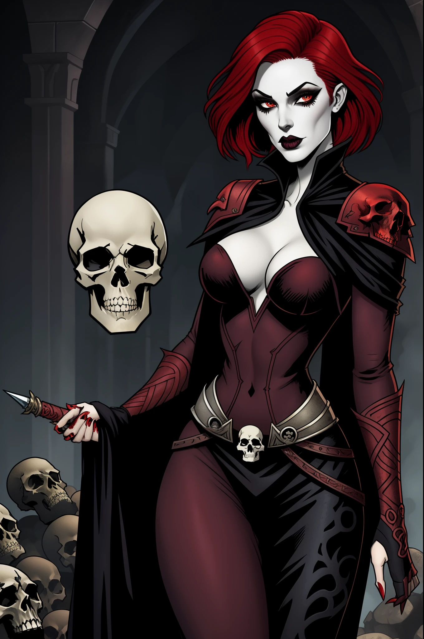 Fantasy Female Necromancer with pale skin and short red hair  , clyde caldwell, dark mascara, heavy makeup, skulls