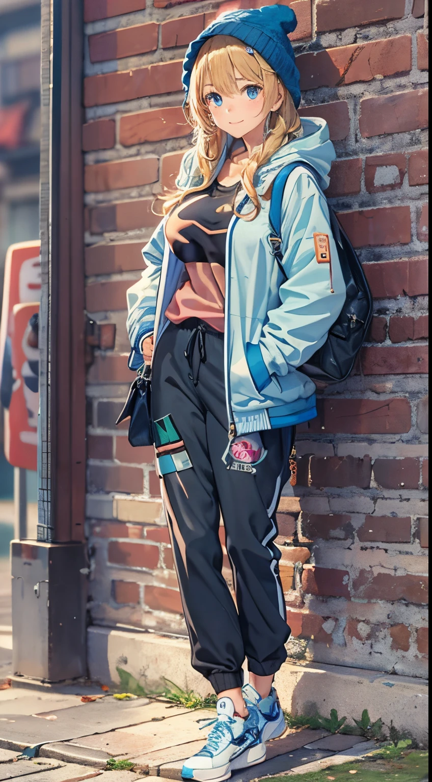 ((Best Quality, 8K, Masterpiece:1.3)), Focus: 1.2, (Perfect Body Beauty, Photorealistic: 1.4), (Best Quality), (Best Shadow), Detailed, Perfect Lighting, BREAK
1girl, solo, blonde hair, little smile, blue eyes, Swept bangs, big breasts, perfect anatomy, 10 heads tall,
BREAK
stand against the brick wall, looking away, upper body, (baggy) saxe blue collage jacket, sweatshirt, 1girl's crossbody bag, knitt hat, sneakers, black jearsy pants,