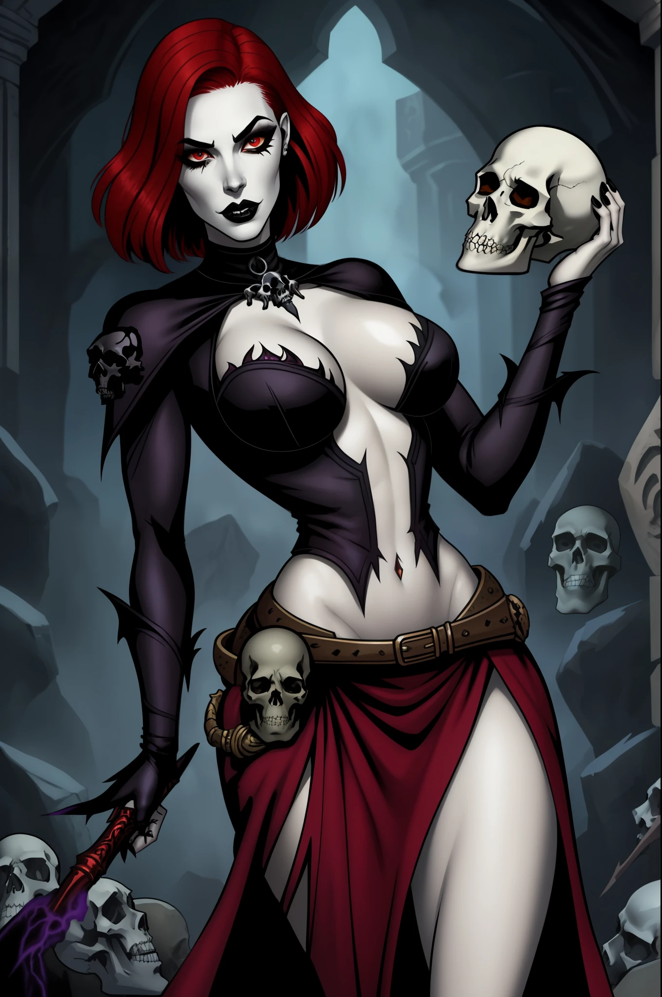 Fantasy Female Necromancer with pale skin and short red hair , clyde caldwell, dark mascara, heavy makeup, skulls