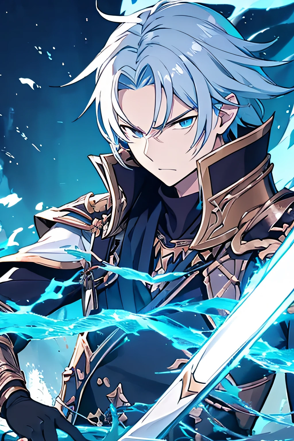 Generate a striking image of a seasoned water-type swordsman, embodying a disciplined and strict demeanor. Picture a warrior with a weathered face, adorned in battle-worn armor that resonates with the essence of the sea. The character should exude a sense of experience and mastery